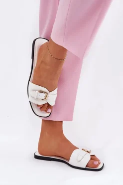 Damskie Boto Płaskie Klapki Damskie Ze Złotą Klamrą Białe Esiobb