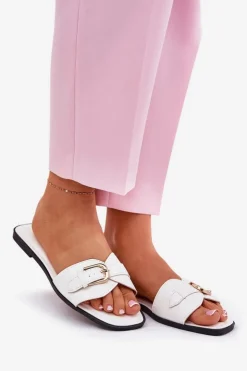 Damskie Boto Płaskie Klapki Damskie Ze Złotą Klamrą Białe Esiobb