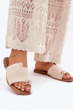 Discount Boto Płaskie Klapki Damskie Ze Złotym Detalem Beżowe Ebilina