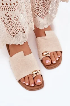 Discount Boto Płaskie Klapki Damskie Ze Złotym Detalem Beżowe Ebilina