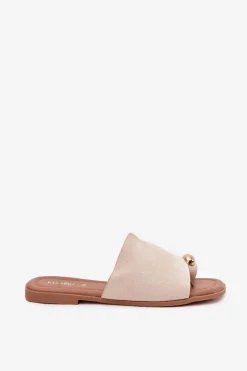 Discount Boto Płaskie Klapki Damskie Ze Złotym Detalem Beżowe Ebilina