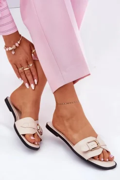 Boto Klapki Damskie Klasyczne*Płaskie Klapki Damskie Ze Złotą Klamrą Beżowe Esiobb Beżowy