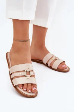 Boto Klapki Damskie Klasyczne*Płaskie Klapki Damskie Ze Złotym Detalem Beżowe Noroti Beżowy