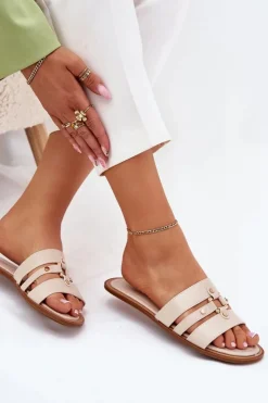 Boto Klapki Damskie Klasyczne*Płaskie Klapki Damskie Ze Złotym Detalem Beżowe Noroti Beżowy