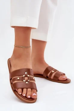 Damskie Boto Płaskie Klapki Damskie Ze Złotym Detalem Camel Noroti