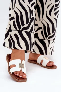 Damskie Boto Płaskie Klapki Z Wycięciami I Ozdobą Białe Bohalis