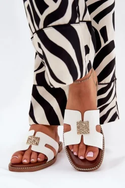 Damskie Boto Płaskie Klapki Z Wycięciami I Ozdobą Białe Bohalis