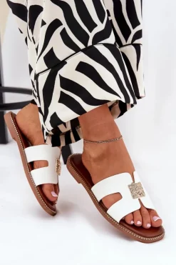 Damskie Boto Płaskie Klapki Z Wycięciami I Ozdobą Białe Bohalis