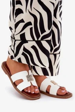 Damskie Boto Płaskie Klapki Z Wycięciami I Ozdobą Białe Bohalis