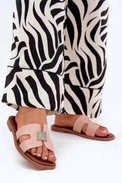 Boto Klapki Damskie Klasyczne*Płaskie Klapki Z Wycięciami I Ozdobą Brudny Róż Bohalis Różowy