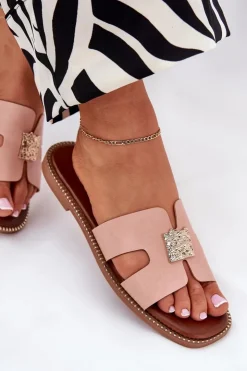 Boto Klapki Damskie Klasyczne*Płaskie Klapki Z Wycięciami I Ozdobą Brudny Róż Bohalis Różowy