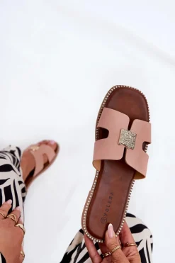 Boto Klapki Damskie Klasyczne*Płaskie Klapki Z Wycięciami I Ozdobą Brudny Róż Bohalis Różowy