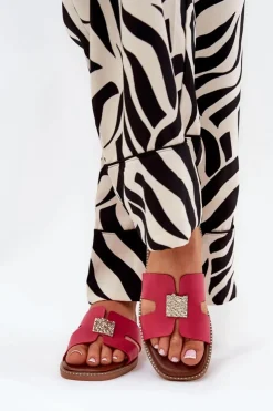 Damskie Boto Płaskie Klapki Z Wycięciami I Ozdobą Fuksja Bohalis