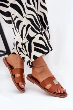 Discount Boto Płaskie Klapki Z Wycięciami I Ozdobą Camel Bohalis Brązowy