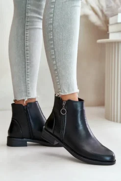 Boto Czarne Botki|Botki Zimowe Damskie*Płaskie Ocieplane Botki Z Niską Cholewką Czarne Kerima