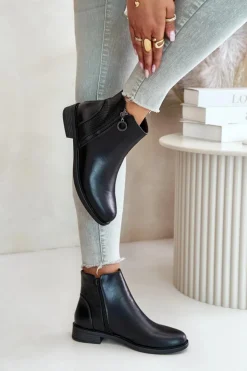 Boto Czarne Botki|Botki Zimowe Damskie*Płaskie Ocieplane Botki Z Niską Cholewką Czarne Kerima