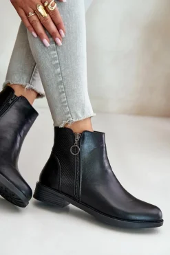 Boto Czarne Botki|Botki Zimowe Damskie*Płaskie Ocieplane Botki Z Niską Cholewką Czarne Kerima