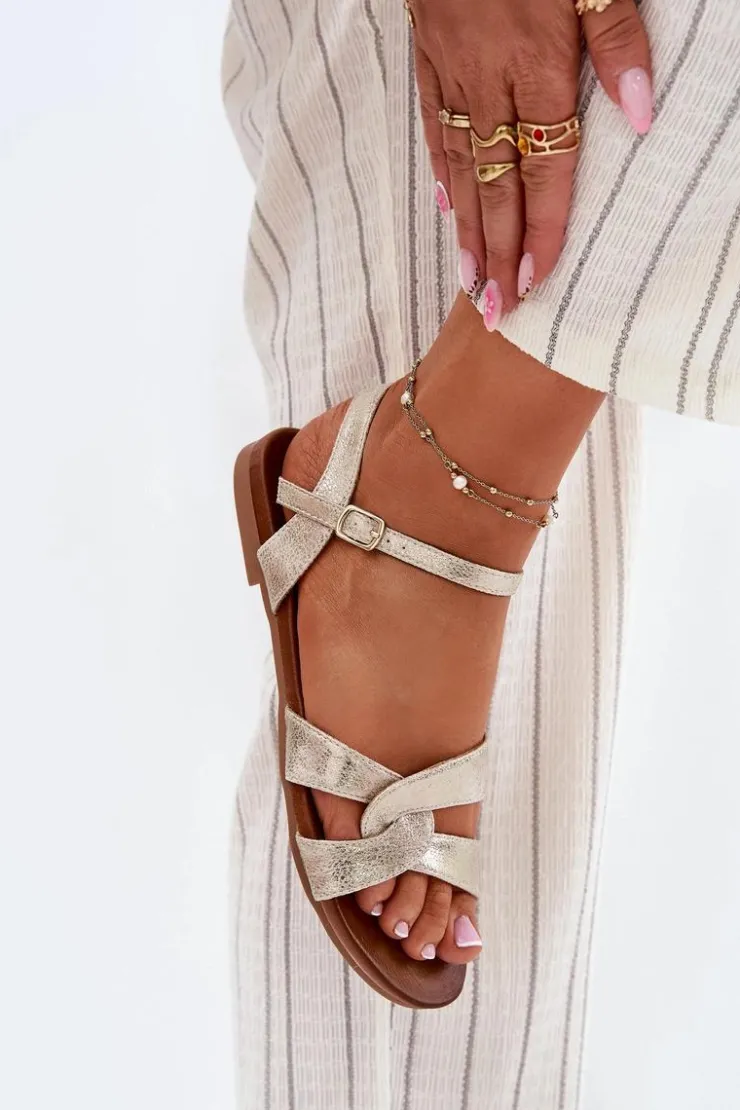 Damskie buty S.Barski Sandały Płaskie*Płaskie Połyskujące Sandały Damskie S.Barski KV51-022 Złote Złoty
