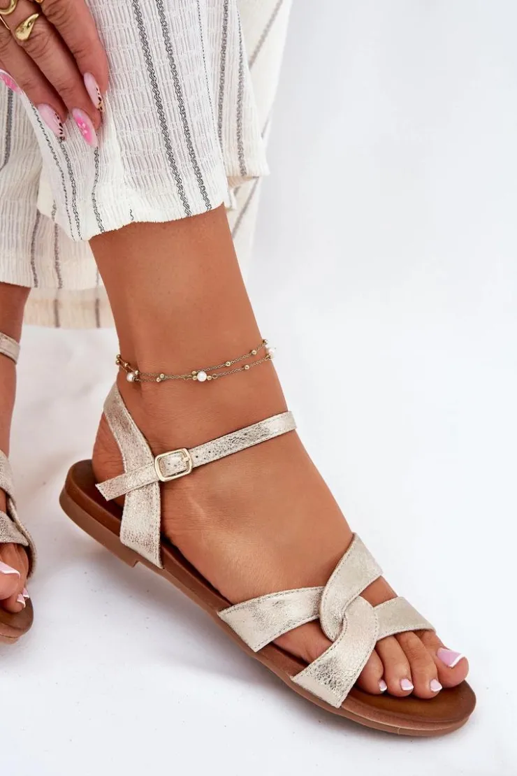 Damskie buty S.Barski Sandały Płaskie*Płaskie Połyskujące Sandały Damskie S.Barski KV51-022 Złote Złoty