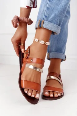 Online Evento Płaskie Sandały Damskie Brązowo-Złote Doris