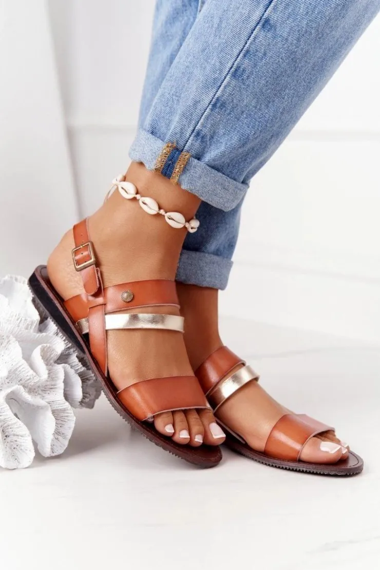 Online Evento Płaskie Sandały Damskie Brązowo-Złote Doris