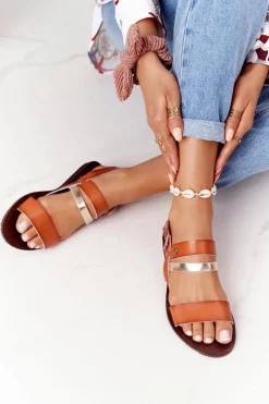 Online Evento Płaskie Sandały Damskie Brązowo-Złote Doris