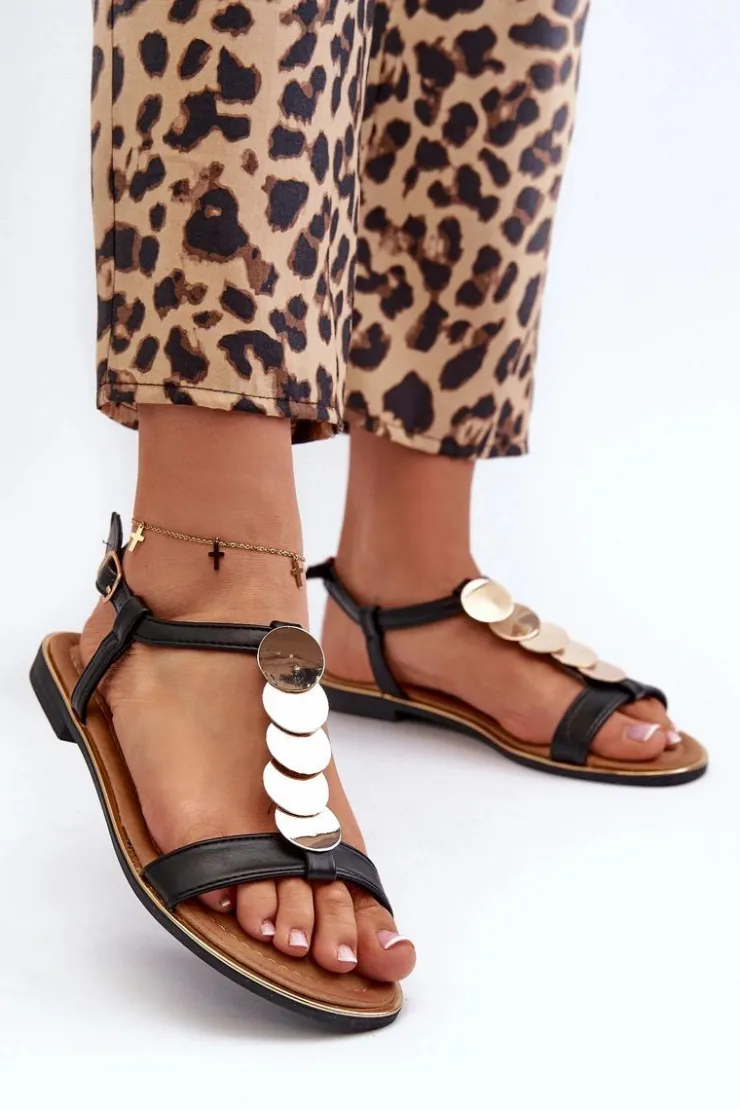 Sale Boto Płaskie Sandały Damskie Z Eko Skóry Czarne Jeritellia