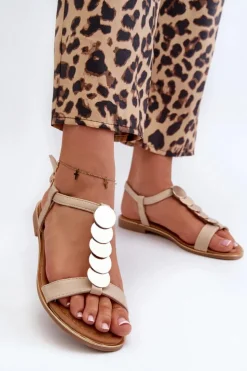 Damskie Boto Płaskie Sandały Damskie Z Eko Skóry Beżowe Jeritellia