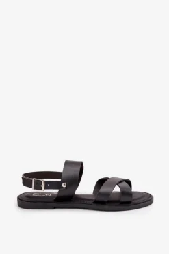 Damskie Boto Płaskie Sandały Damskie Z Eko Skóry Czarne Kalira