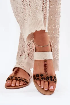 Damskie Boto Płaskie Sandały Damskie Z Koralikami Panterka Brązowe Virona