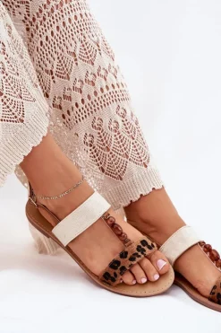 Damskie Boto Płaskie Sandały Damskie Z Koralikami Panterka Brązowe Virona