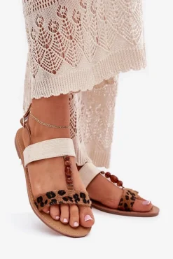 Damskie Boto Płaskie Sandały Damskie Z Koralikami Panterka Brązowe Virona