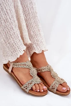Damskie Artiker Płaskie Sandały Damskie Z Koronkowym Wzorem 56C1281 Złote