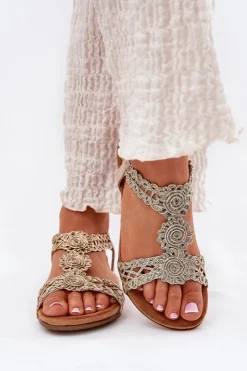 Damskie Artiker Płaskie Sandały Damskie Z Koronkowym Wzorem 56C1281 Złote