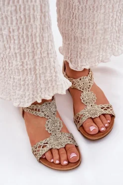 Damskie Artiker Płaskie Sandały Damskie Z Koronkowym Wzorem 56C1281 Złote