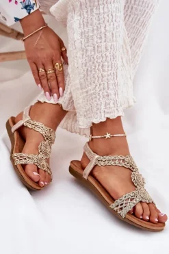 Damskie Artiker Płaskie Sandały Damskie Z Koronkowym Wzorem 56C1281 Złote