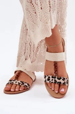 Boto Sandały Płaskie*Płaskie Sandały Damskie Z Koralikami Panterka Beżowe Virona Beżowy