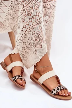 Boto Sandały Płaskie*Płaskie Sandały Damskie Z Koralikami Panterka Beżowe Virona Beżowy