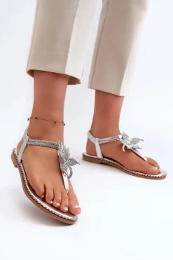 Damskie Evento Płaskie Sandały Damskie Z Ozdobnym Kwiatkiem Srebrne Edoni
