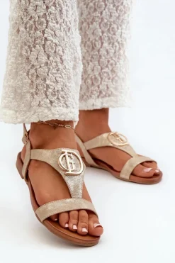 Damskie Damskie buty S.Barski Płaskie Sandały Damskie Z Ozdobą S.Barski KV27-051 Złote