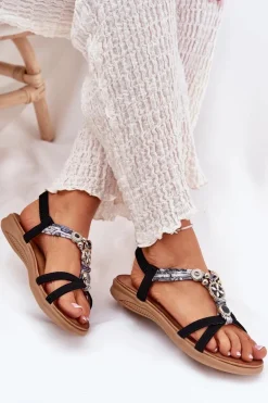 Artiker Sandały Płaskie*Płaskie Sandały Damskie Z Ozdobami 54C1334 Czarne