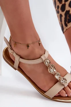 Boto Sandały Płaskie*Płaskie Sandały Damskie Z Ozdobami Beżowe Muridia