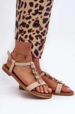 Boto Sandały Płaskie*Płaskie Sandały Damskie Z Ozdobami Beżowe Muridia