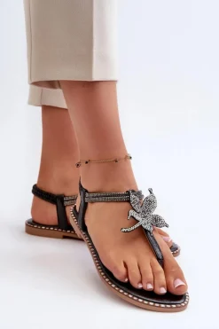 Evento Płaskie Sandały Damskie Z Ozdobnym Kwiatkiem Czarne Edoni Czarny