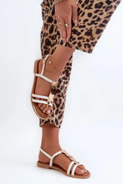 Boto Sandały Płaskie*Płaskie Sandały Damskie Ze Złotymi Ozdobami Białe Raiva