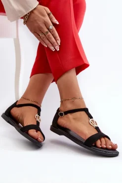 Buty damskie Vinceza Sandały Płaskie*Płaskie Sandały Damskie Ze Złotą Ozdobą Vinceza 17321 Czarne