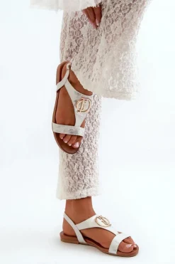 Online Damskie buty S.Barski Płaskie Sandały Damskie Ze Złotą Ozdobą S.Barski KV27-051 Biało-Srebrne