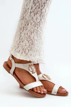 Online Damskie buty S.Barski Płaskie Sandały Damskie Ze Złotą Ozdobą S.Barski KV27-051 Biało-Srebrne