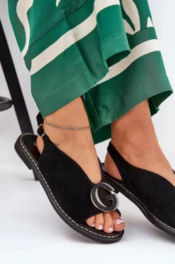 Damskie Boto Płaskie Sandały Z Ozdobą Czarne Haliones