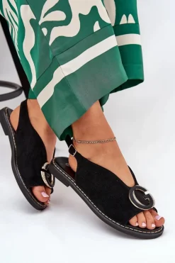 Damskie Boto Płaskie Sandały Z Ozdobą Czarne Haliones